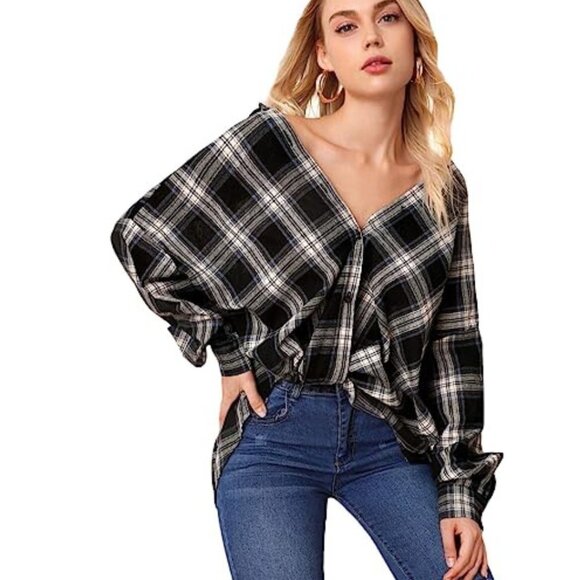 SHEIN Twist Knot Oversized Long Sleeve Plaid Button Front Shirt XS NWT - Picture 1 of 11